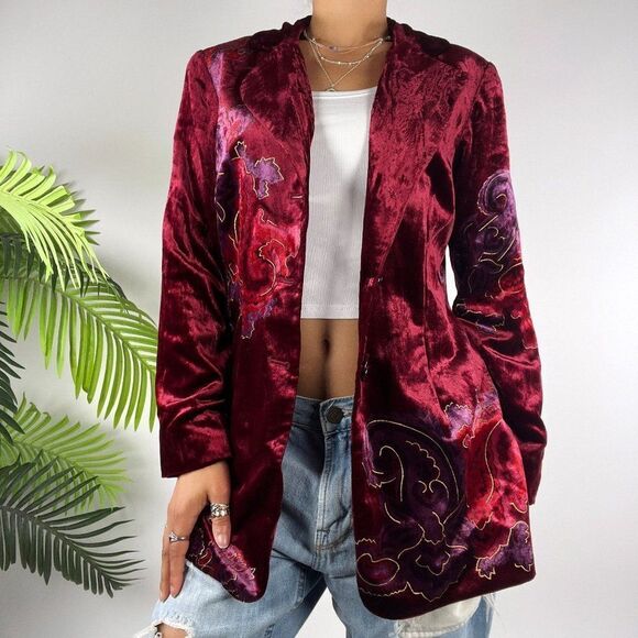 Women's Vintage 90s Fairy Grunge Red Velvet Floral Boho Whimsigoth Blazer / 10 - Picture 1 of 7